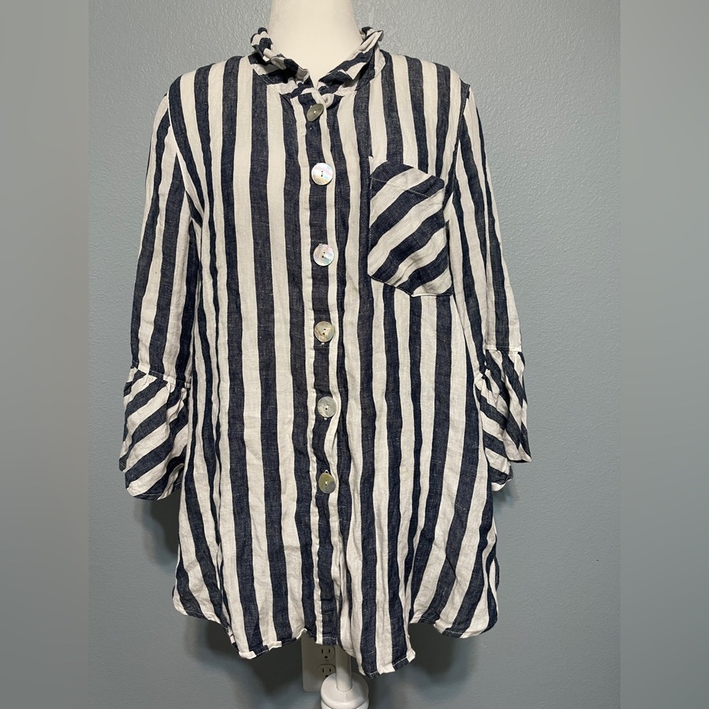 John Mark 100% Linen Striped Tunic Top Blue White Artsy Boho Lagenlook Large